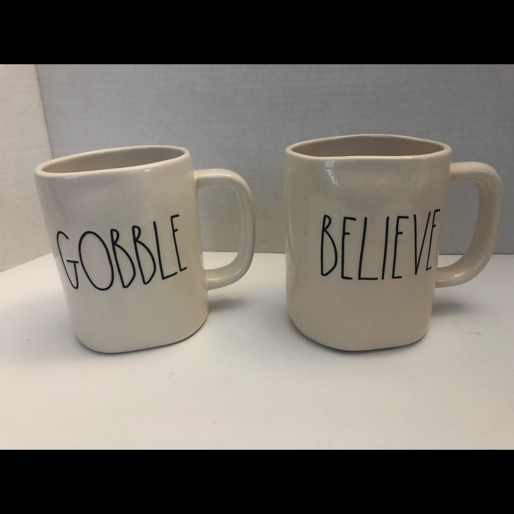 Rae Dunn GOBBLE and BELIEVE mugs